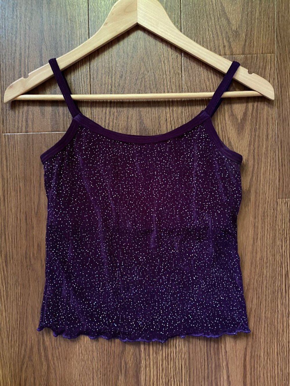 Vintage Y2K Purple Glitter Stretchy Cami Tank Top Lettuce Hem 2003
